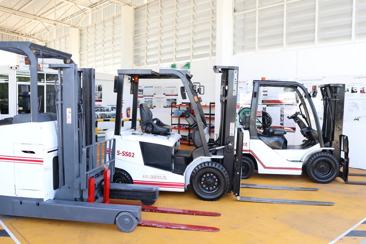 Forklift fleet parked inside the A.N.I. indoor training area