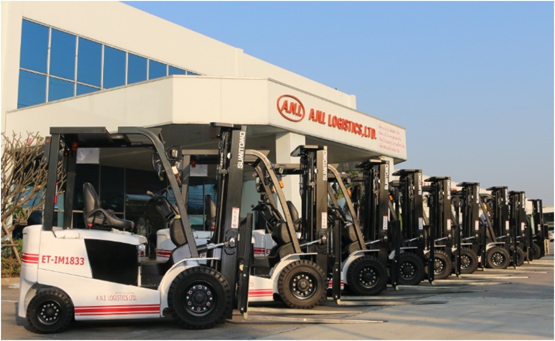 A.N.I. Logistics forklift fleet in front of the training center building