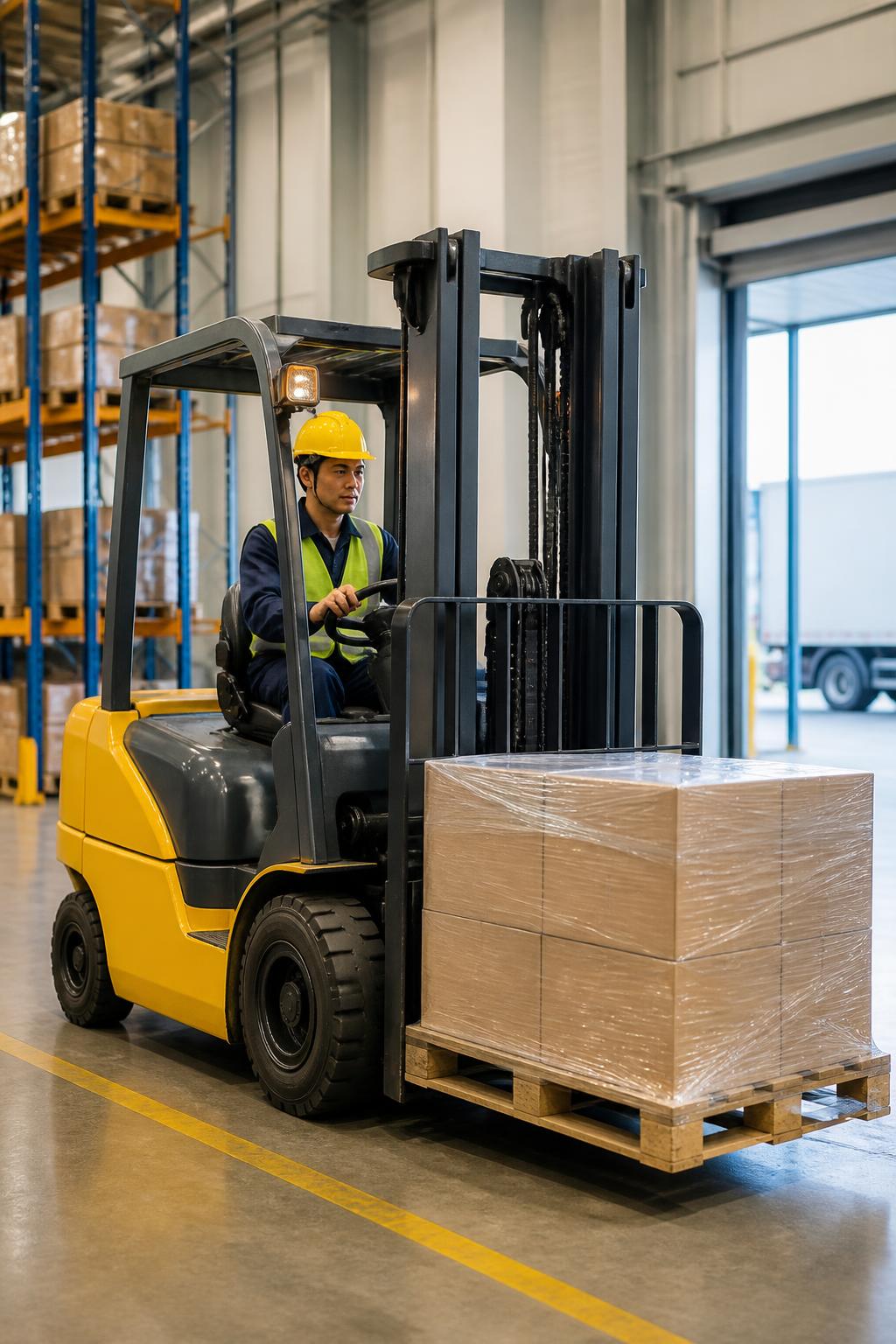 Forklift operator safely handling a pallet in a modern warehouse