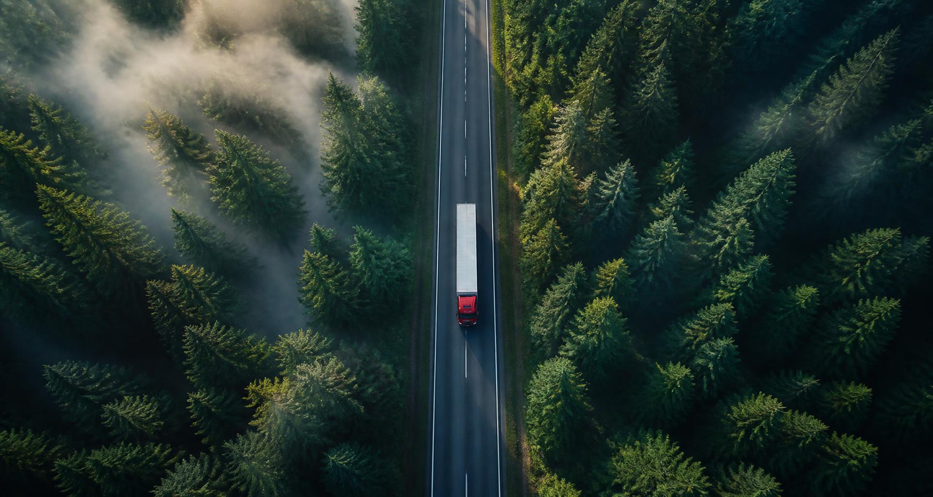 Aerial view of an A.N.I. Logistics truck driving through a forest highway
